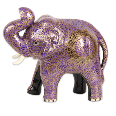 Escultura de papel maché - Escultura de elefante de papel maché con motivos florales morados