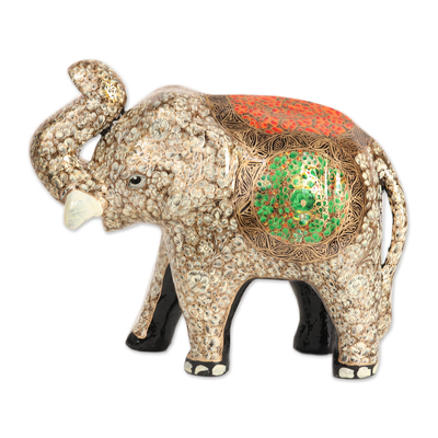 Skulptur aus Pappmaché - Graue, florale Elefantenskulptur aus Pappmaché aus Indien
