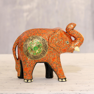 Papier mache sculpture, 'Cute Baby Elephant in Orange' - Orange Floral Papier Mache Elephant Sculpture from India
