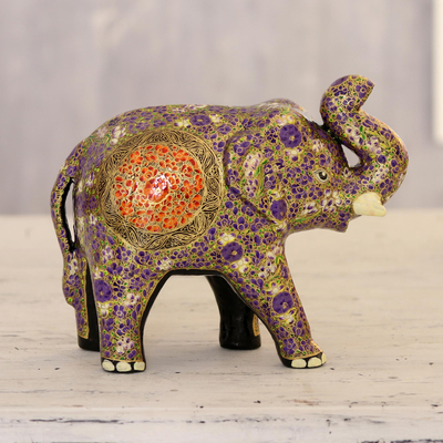 Escultura de papel maché - Escultura de elefante de papel maché floral pintada a mano