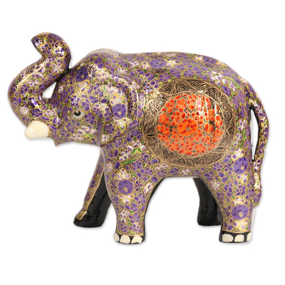 Papier mache sculpture, 'Cute Baby Elephant in Purple' - Hand-Painted Floral Papier Mache Elephant Sculpture