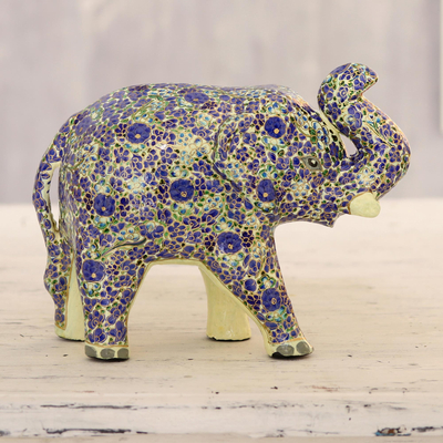 Escultura de papel maché - Escultura de elefante de papel maché floral azul de la India