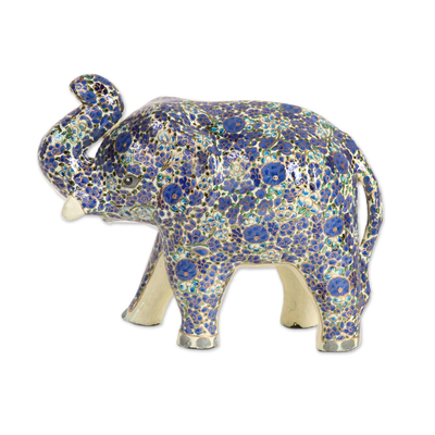 Skulptur aus Pappmaché - Blaue florale Elefantenskulptur aus Pappmaché aus Indien