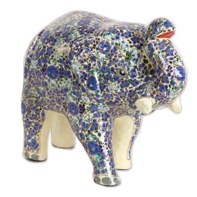Skulptur aus Pappmaché - Blaue florale Elefantenskulptur aus Pappmaché aus Indien