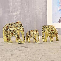 Papier mache sculptures, 'Strolling Elephant Family' (set of 3) - Leaf Motif Papier Mache Elephant Sculptures (Set of 3)