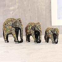 Papier mache sculptures, 'Walking Elephant Family' (set of 3) - Black and Gold Papier Mache Elephant Sculptures (Set of 3)