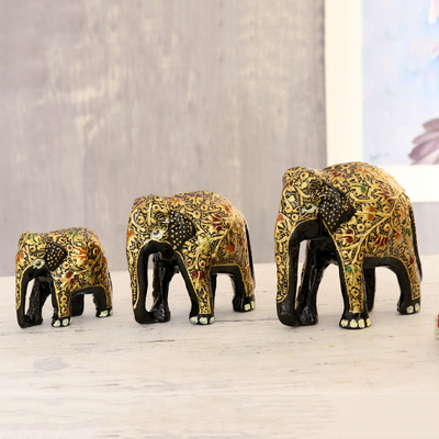 Papier mache sculptures, 'Walking Elephant Family' (set of 3) - Black and Gold Papier Mache Elephant Sculptures (Set of 3)