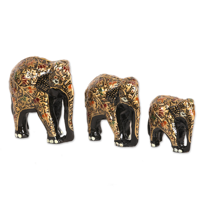 Esculturas de papel maché (juego de 3) - Esculturas de elefantes de papel maché negro y dorado (juego de 3)