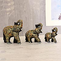 Papier mache sculptures, 'Joyful Elephant Family' (set of 3) - Hand-Painted Papier Mache Elephant Sculptures (Set of 3)