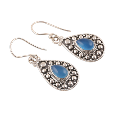 Chalcedony dangle earrings, 'Lassoed Sky' - Teardrop Blue Chalcedony Dangle Earrings from India