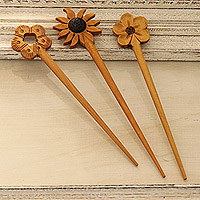 Mango wood hair pins, 'Natural Sunshine Trio' (set of 3) - Floral Natural Mango Wood Hair Pins from India (Set of 3)