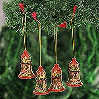 Wood ornaments, 'Reindeer Landscape' (3 inch, set of 4) - Reindeer-Themed Wood Ornaments from India (3 In. Set of 4)