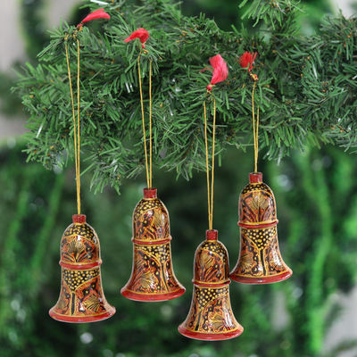 Wood ornaments, 'Glorious Leaves' (3 inch, set of 4) - Hand-Painted Wood Ornaments from India (3 In. Set of 4)