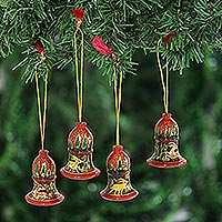 Wood ornaments, 'Reindeer Landscape' (2 inch, set of 4) - Deer-Themed Wood Bell Ornaments from India (2 in. Set of 4)