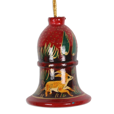 Wood ornaments, 'Reindeer Landscape' (2 inch, set of 4) - Deer-Themed Wood Bell Ornaments from India (2 in. Set of 4)