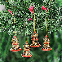 Wood ornaments, 'Glorious Leaves' (2 inch, set of 4) - Hand-Painted Wood Ornaments from India (2 In. Set of 4)