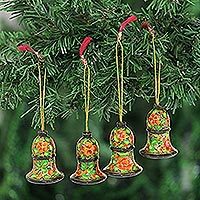 Wood ornaments, 'Floral Paradise' (set of 4) - Floral Motif Wood Bell Ornaments from India (Set of 4)