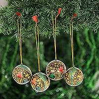 Papier mache ornaments, 'Flowery Cheer' (set of 4) - colourful Floral Papier Mache Ornaments from India (Set of 4)