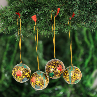 Papier mache ornaments, 'Flowery Cheer' (set of 4) - Colorful Floral Papier Mache Ornaments from India (Set of 4)