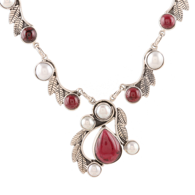 Garnet and cultured pearl pendant necklace, 'Radiant Garland' - Leaf Pattern Garnet and Cultured Pearl Necklace