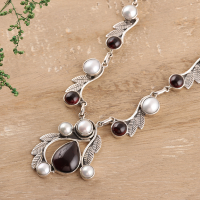 Garnet and cultured pearl pendant necklace, 'Radiant Garland' - Leaf Pattern Garnet and Cultured Pearl Necklace