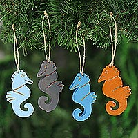 Wood ornaments, Colorful Seahorses (set of 4)