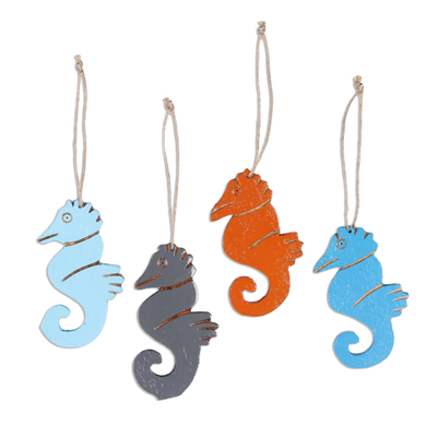 Mango Wood Seahorse Ornaments from India (Set of 4)
