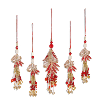 Beaded ornaments, 'Holiday Gala' (set of 5) - Gold and Red Beaded Ornaments from India (Set of 5)
