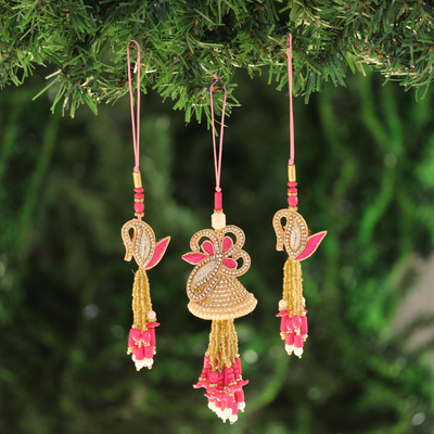 Beaded ornaments, 'Holiday Glamour in Pink' (set of 3) - Gold and Pink Beaded Ornaments from India (Set of 3)