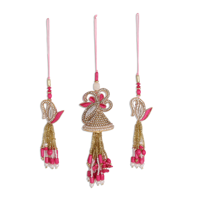 Perlenornamente, (3er-Set) - Goldene und rosafarbene Perlenornamente aus Indien (3er-Set)