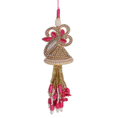 Beaded ornaments, 'Holiday Glamour in Pink' (set of 3) - Gold and Pink Beaded Ornaments from India (Set of 3)