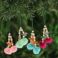 Wood beaded ornaments, 'Festive Song' (set of 4) - Bird-Themed Wood Beaded Ornaments from India (Set of 4)