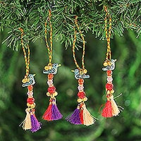 Bird-Themed Wood Beaded Ornaments from India (Set of 4),'Chirping Birds'
