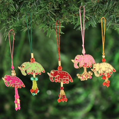 Cotton ornaments, 'Elephant Glamour' (set of 5) - Elephant-Themed Ornaments Crafted in India (Set of 5)