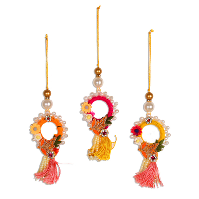 Beaded ornaments, 'Dancing Wreaths' (set of 3) - Beaded Wreath Ornaments from India (Set of 3)