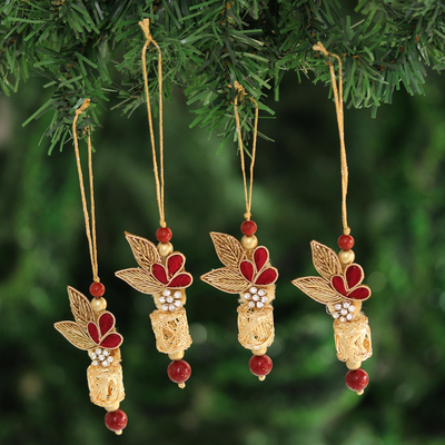 Beaded ornaments, 'Gorgeous Quartet' (set of 4) - Red and Gold-Tone Beaded Ornaments from India (Set of 4)