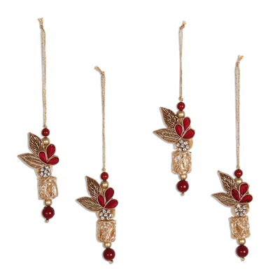 Beaded ornaments, 'Gorgeous Quartet' (set of 4) - Red and Gold-Tone Beaded Ornaments from India (Set of 4)