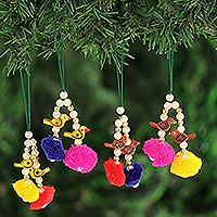 Wood beaded ornaments, 'Vibrant Song' (set of 4) - Vibrant Bird-Themed Wood Beaded Ornaments (Set of 4)