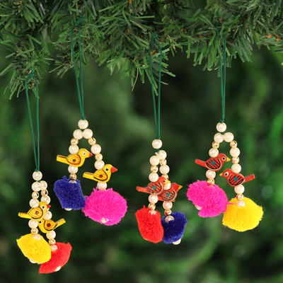 Wood beaded ornaments, 'Vibrant Song' (set of 4) - Vibrant Bird-Themed Wood Beaded Ornaments (Set of 4)