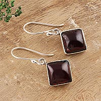 Garnet dangle earrings, 'Fiery Squares' - Square Garnet Dangle Earrings from India