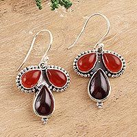 Carnelian and garnet dangle earrings, 'Droplet Trios'