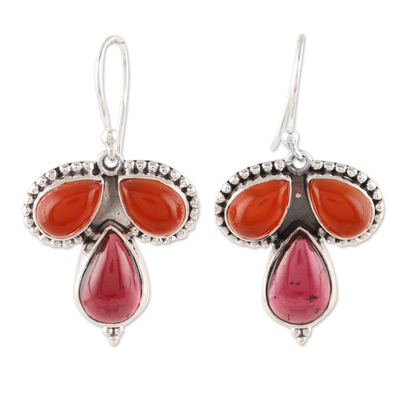 Carnelian and garnet dangle earrings, 'Droplet Trios' - Teardrop Carnelian and Garnet Dangle Earrings from India