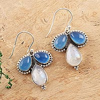 Chalcedony and rainbow moonstone dangle earrings, 'Droplet Trios'