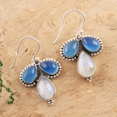 Chalcedony and rainbow moonstone dangle earrings, 'Droplet Trios' - Teardrop Chalcedony and Rainbow Moonstone Dangle Earrings
