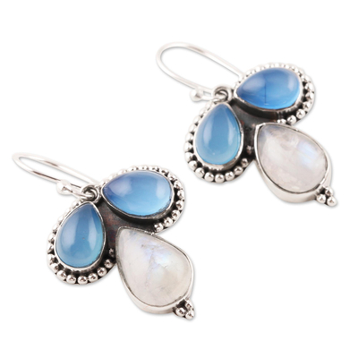 Chalcedony and rainbow moonstone dangle earrings, 'Droplet Trios' - Teardrop Chalcedony and Rainbow Moonstone Dangle Earrings