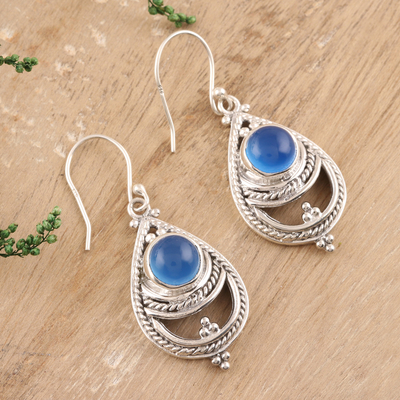 Chalcedony dangle earrings, 'Mysterious Blue' - Rope Pattern Chalcedony Dangle Earrings from India