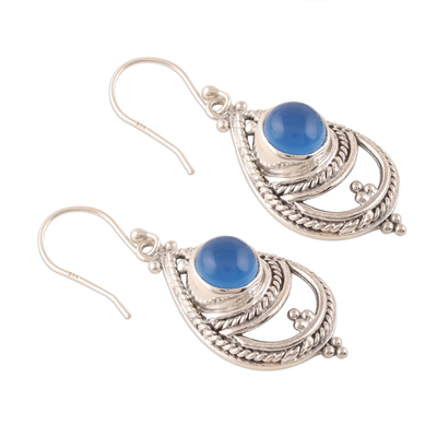 Chalcedony dangle earrings, 'Mysterious Blue' - Rope Pattern Chalcedony Dangle Earrings from India