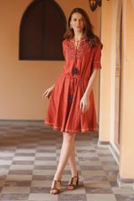 Cotton A-line dress, 'Delhi Spring in Russet' - Floral Embroidered Cotton A-Line Dress in Paprika from India