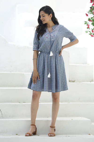 Cotton A-line dress, 'Delhi Spring in Wedgwood' - Cotton A-Line Summer Dress in Wedgwood Blue