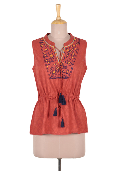 Cotton blouse, 'Delhi Spring in Russet' - Floral Embroidered Cotton Blouse in Paprika from India